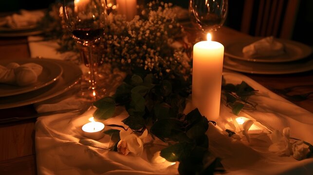 An elegant dining table setting featuring warm candlelight and greenery creates a romantic and festive atmosphere