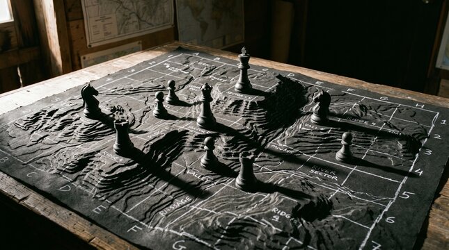 Chess Pieces Arranged on a Topographic Terrain Map representing Military Strategy and Business Planning