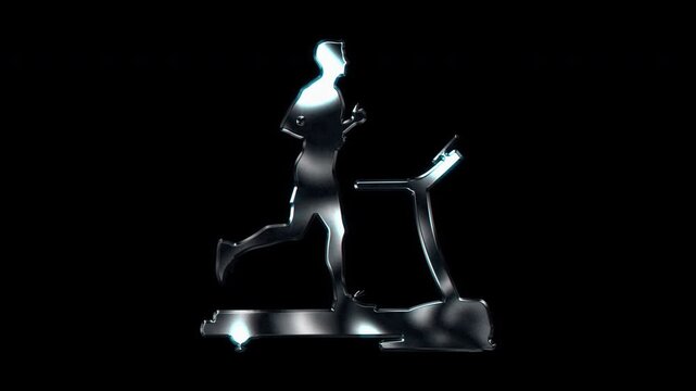 Silver metallic man running on a treadmill cardio workout silhouette. Alpha channel. Seamless loop video.