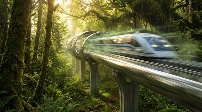 Futuristic high-speed hyperloop train traveling through a lush green forest, eco-friendly sustainable transport concept