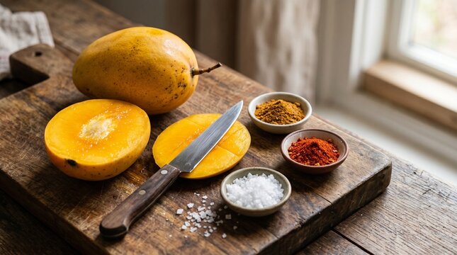Fresh Ripe Yellow Mango Sliced on Rustic Wooden Cutting Board With Chili Powder, Curry Powder, Sea Salt, and Knife in Natural Window Light