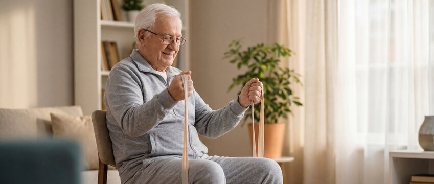 Elderly Man exercising at home. Sport and health