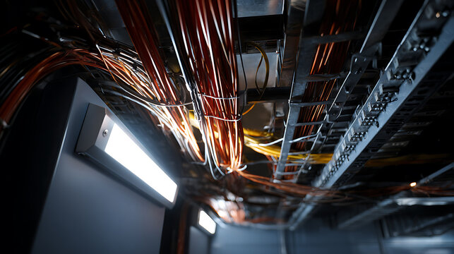 Complex Network of Electrical Wires and Cables in Industrial Setting with Illuminated Light Fixtures, Technology Infrastructure Detail