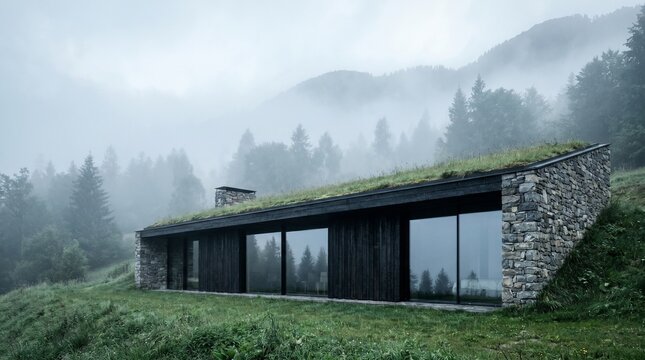 Modern Minimalist Eco-Cabin with Green Roof and Stone Walls in Misty Mountain Forest