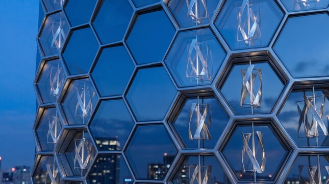 Modern Sustainable Building Facade with Hexagonal Honeycomb Pattern and Integrated Wind Turbines at Twilight