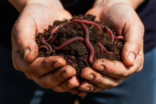 Hands hold dark fertile soil full of red composting worms. This organic material helps grow plants and improves soil health for gardens and farms. Shows earth science and life.