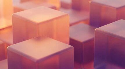 Obraz premium Abstract 3D Render of Frosted Glass Cubes with Warm Peach and Pink Gradient Lighting, Minimalist Geometric Background