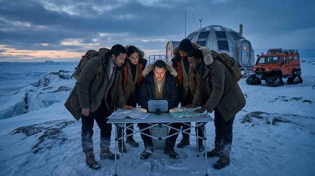 Arctic exploration team planning their route on a table outside a research base camp in a snowy landscape.