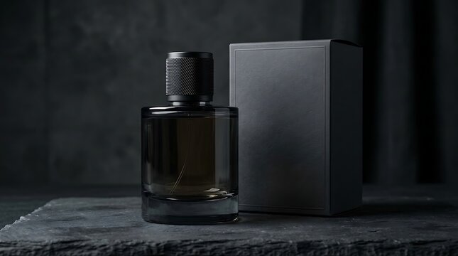 Perfume bottle crafted from dark glass rests on a rough stone slab alongside its closed rectangular box in a moody setting.