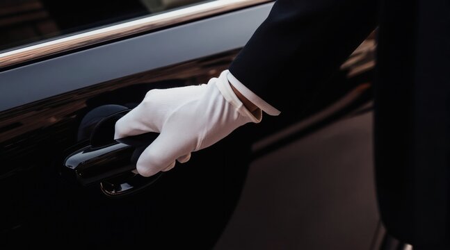 A gloved hand opens a black car door. A valet offers access to a luxury vehicle. Professional service for VIP guests. Elegant transport for important meetings.