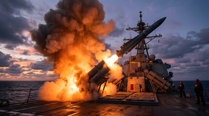 Fototapeta premium Guided missile launch from naval destroyer at sea during sunset with military explosion technology strategic artillery ballistic