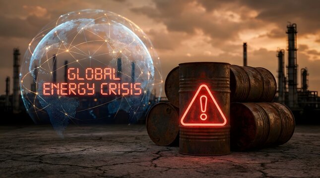 Global energy crisis concept with oil barrels and digital warning holographic display petroleum hologram industrial industry