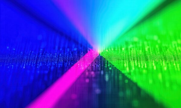 Digital data tunnel with neon light rays and binary code in futuristic cyber space