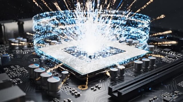 Futuristic Computer Processor with Glowing Blue Energy Circuits.