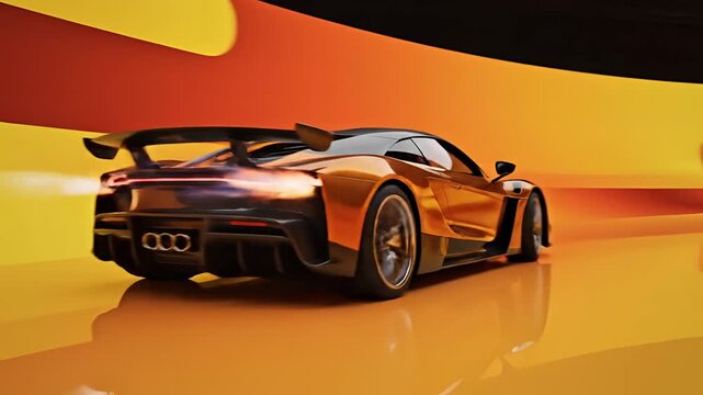 Futuristic Orange Sports Car Driving Through Abstract Orange Tunnel.