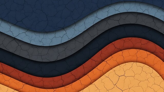 Abstract background with wavy layers and a cracked texture effect, featuring a gradient of blue, grey, and orange tones in a modern papercut style design