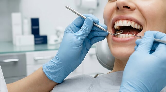 Close-up of a smiling person's teeth being examined by a dentist using dental tools in a bright, clean examination room