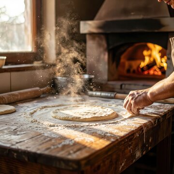 Hands kneading dough on wooden table near cozy fireplace with warm firelight