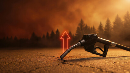 Fototapeta premium Fuel Pump Nozzle on Cracked Asphalt with Glowing Red Upward Arrow Against Dramatic Sunset Sky Toward Energy Crisis Awareness Perfect for Editorial Advertising and Industry Presentation