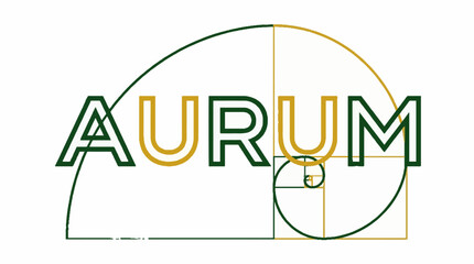 Fototapeta premium Aurum text with golden ratio spiral overlay in green and gold colors