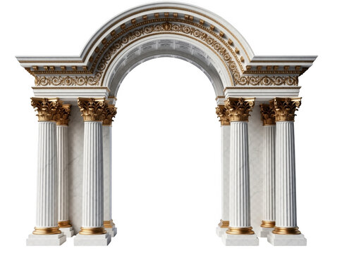 Grand stone architectural arch with ornate gold trim and columns isolated on transparent background