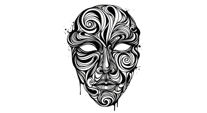 Abstract human face illustration with intricate swirling lines and organic patterns, black and white graphic design element