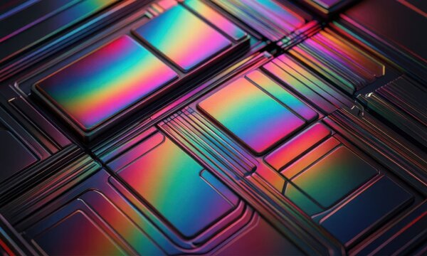 Abstract geometric pattern with colorful light reflections on glossy surface in dark setting