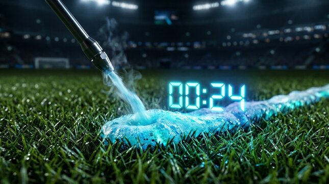 Futuristic glowing vanishing spray with digital countdown timer on soccer field grass in stadium