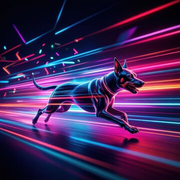 German Shepherd dog running at full speed in neon cyberpunk city with motion blur lights
