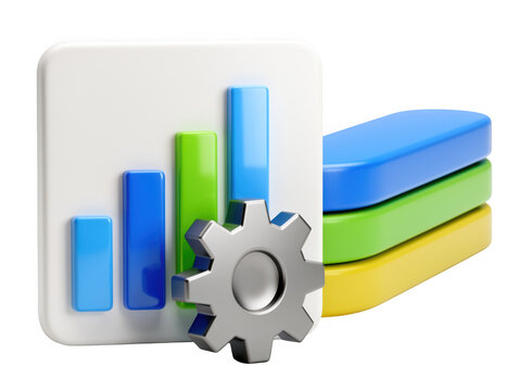 3D render of a business growth bar chart and a gear icon isolated on with isolated on transparent background