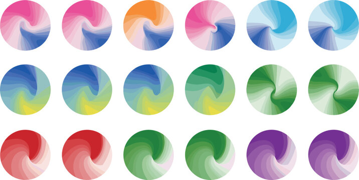 Abstract Colorful Circular Torus Swirl Icon Set Featuring Twisted Geometric Gradients of Pink, Blue, Green, Red, and Purple Vector Graphics
