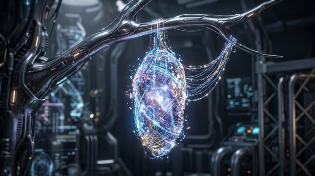 Futuristic Cybernetic Cocoon Hanging from Metallic Branch in Sci-Fi Laboratory, Glowing Biotech Incubation Pod