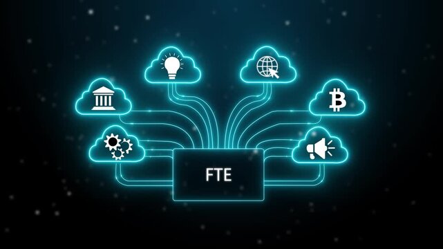 FTE Full Time Equivalent concept. Interface technology, the future of user experience, journey and technology glow video animation