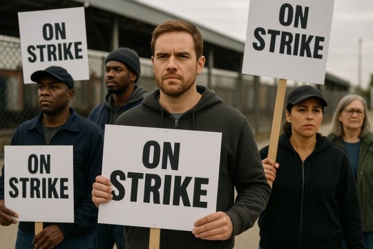Workers stand outside with signs reading "ON STRIKE", facing forward in solidarity. labor protest, unity, fair work demands