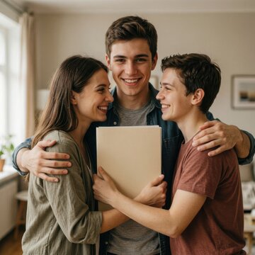 Happy young friends hugging and smiling while holding tablet indoors in warm light
