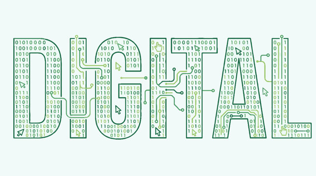 Digital word typography with binary code and circuit board patterns in green vector illustration