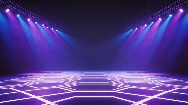 Empty stage with geometric floor and colorful lights