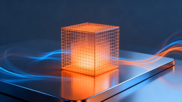 Glowing wireframe cube on reflective surface