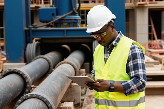 African american man plumber wears hard hat safety glasses and high visibility vest. He examines digital tablet near large pipes at construction site. He checks blueprints or plans for sewer system.