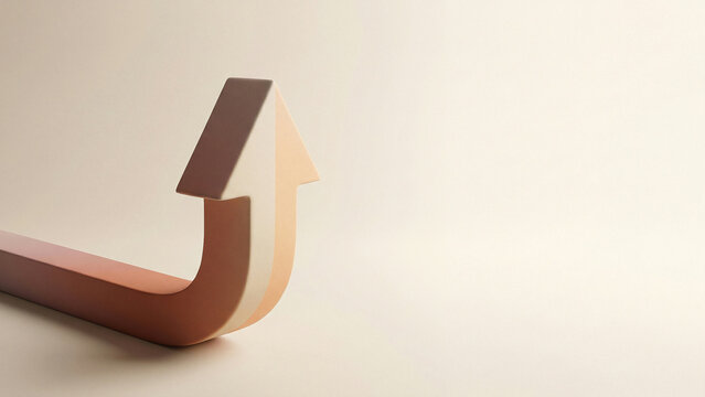 Cinematic Curved Three Dimensional Upward Arrow with Dark Brown and Cream Layers Toward Strategic Bouncing Back Perfect for Corporate Branding Advertising and Resilience Presentation
