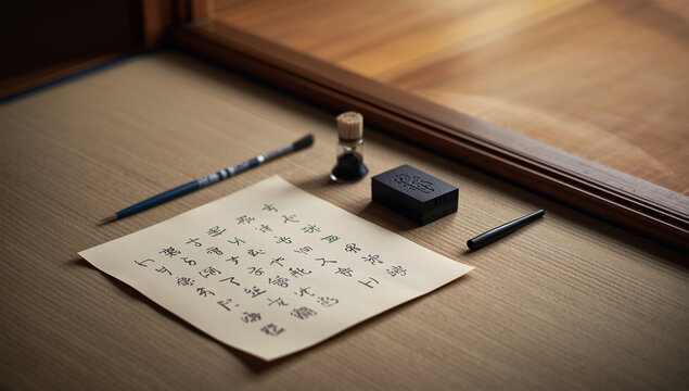 寺の机に写経用の和紙と筆と硯を静かに置いた写真