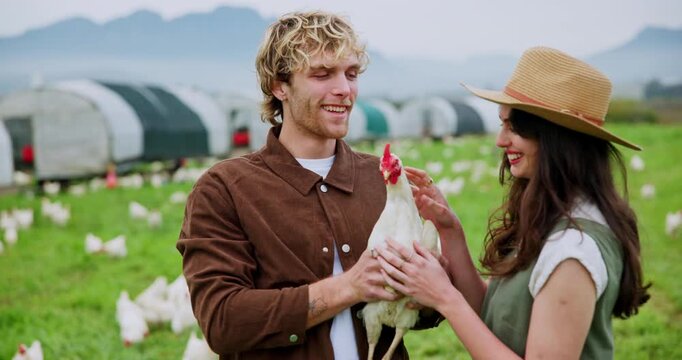Smile, face and chicken with couple on farm for animal growth, inspection or agriculture team. Poultry livestock, free range and happy with man and woman in countryside for organic egg production