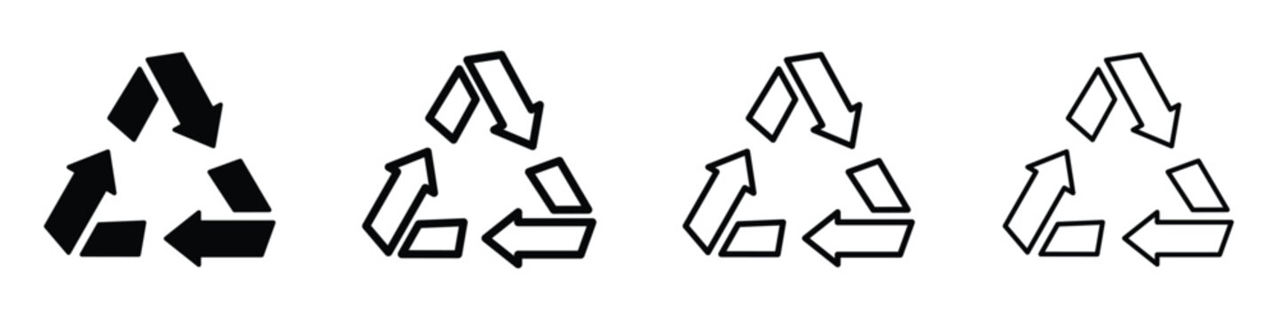 Recycling symbol variations showing solid black and outline designs for environmental awareness