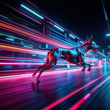 Dog running at night on urban street with motion blur and neon lights