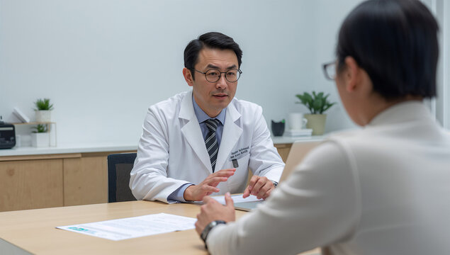 明るいクリニックで日本人医師が患者に説明する相談写真