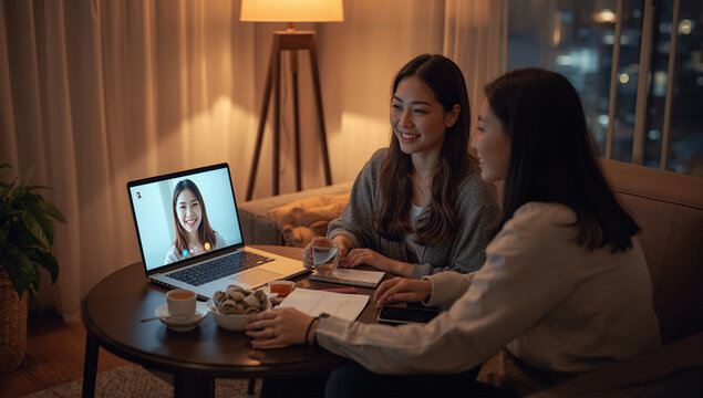 夜の部屋で日本人女性がパソコン越しに友人と語り合う写真