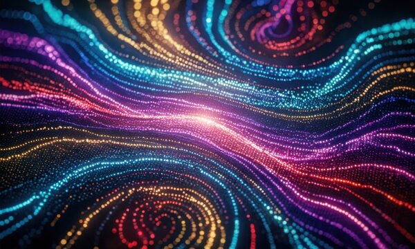 Abstract swirling light trails in dark background with vibrant neon colors and dynamic motion blur