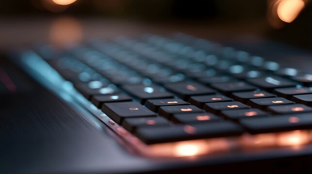 An extreme close up of a backlit computer keyboard featuring vibrant futuristic LED illumination
