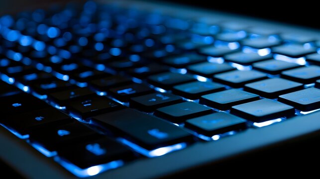 A modern computer keyboard is brightly illuminated with vivid blue tones emphasizing a futuristic and digital aesthetic