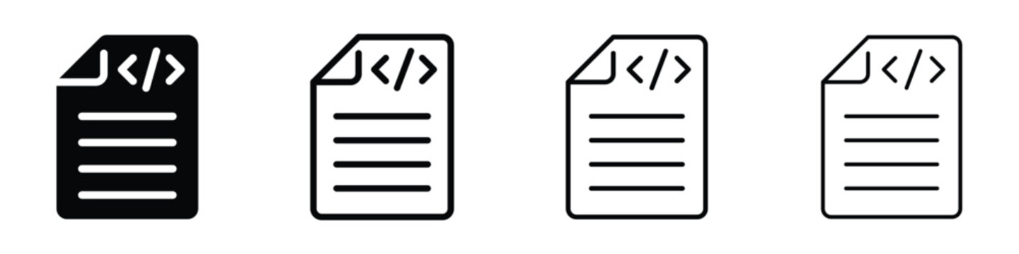 Set of four icons representing code documents in black and white styles